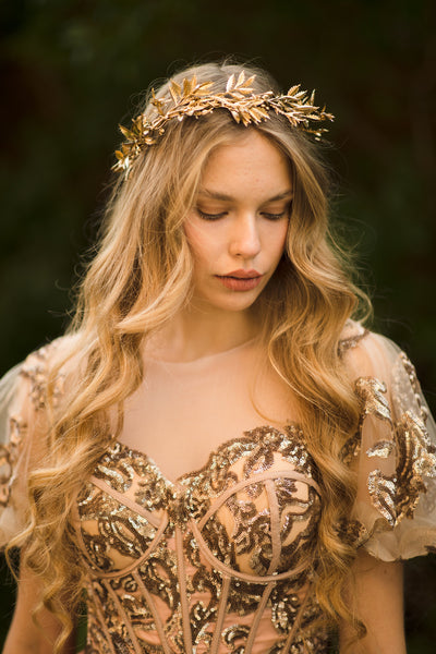 Golden floral wedding half crown Golden bridal hair vine Bridal wreath Wedding tiara Bridal hair piece Wedding accessory Magaela Handmade