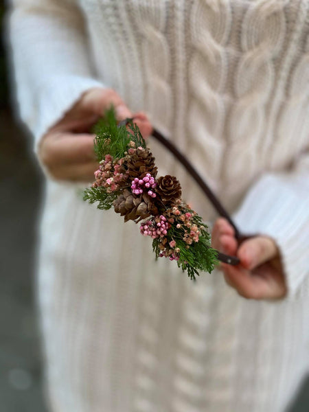 Christmas headbands with pine cones Wedding accessories Unique headband Winter hairband Green Red Flower hairband Magaela Christmas present