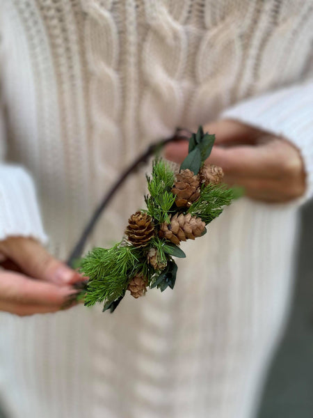 Christmas headbands with pine cones Wedding accessories Unique headband Winter hairband Green Red Flower hairband Magaela Christmas present