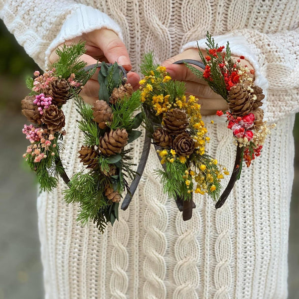Christmas headbands with pine cones Wedding accessories Unique headband Winter hairband Green Red Flower hairband Magaela Christmas present