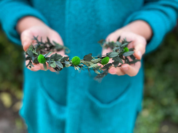 Greenery flower half wreath Bridal accessories Forest wedding vine Pine needles crown Half wreath for bride Woodland photoshoot Magaela