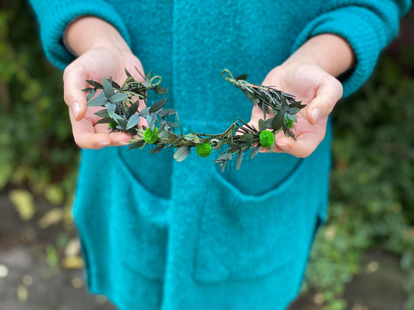 Greenery flower half wreath Bridal accessories Forest wedding vine Pine needles crown Half wreath for bride Woodland photoshoot Magaela