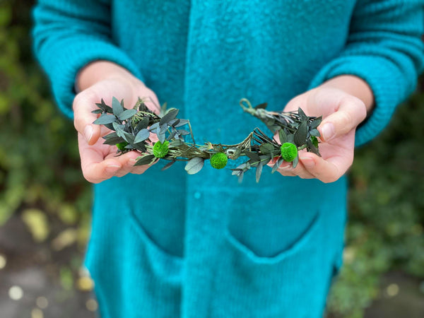 Greenery flower half wreath Bridal accessories Forest wedding vine Pine needles crown Half wreath for bride Woodland photoshoot Magaela