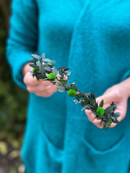 Greenery flower half wreath Bridal accessories Forest wedding vine Pine needles crown Half wreath for bride Woodland photoshoot Magaela