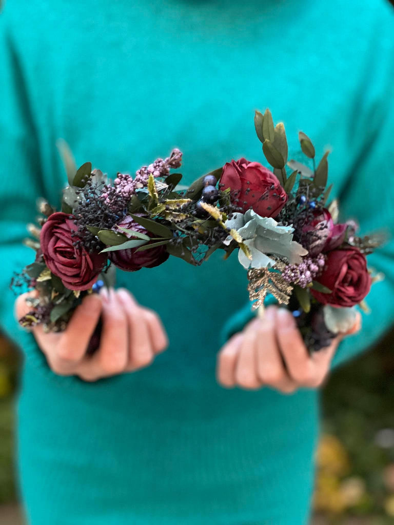 Burgundy flower half wreath Burgundy roses hair crown Maroon wedding f –  magaela
