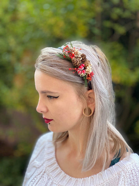 Christmas headbands with pine cones Wedding accessories Unique headband Winter hairband Green Red Flower hairband Magaela Christmas present