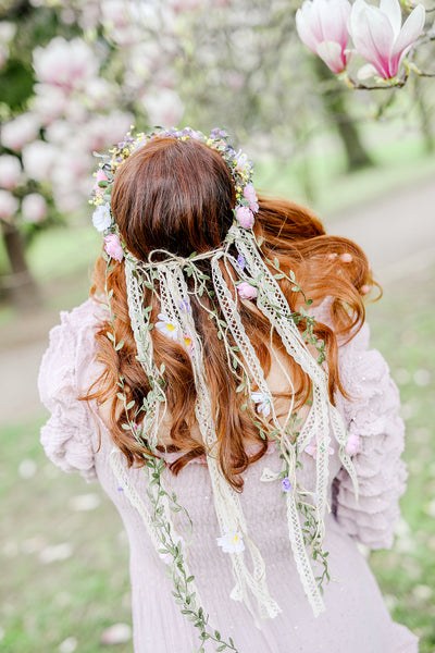 Romantic meadow flower wreath with veil Daisy flower crown Pastel bridal headpiece Wedding Ribbon veil Hanging vines Pink hair piece Magaela