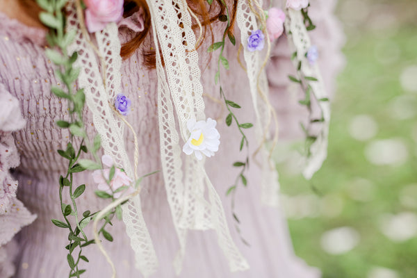 Romantic meadow flower wreath with veil Daisy flower crown Pastel bridal headpiece Wedding Ribbon veil Hanging vines Pink hair piece Magaela