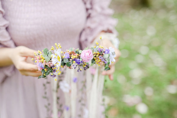 Romantic meadow flower wreath with veil Daisy flower crown Pastel bridal headpiece Wedding Ribbon veil Hanging vines Pink hair piece Magaela