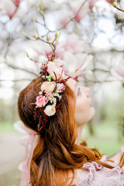 Big blush flower crown Boho wedding crown Pink bridal wreath Headpiece for bride Pink roses Peonies Magaela Flower jewellery Romantic wreath