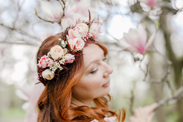 Big blush flower crown Boho wedding crown Pink bridal wreath Headpiece for bride Pink roses Peonies Magaela Flower jewellery Romantic wreath