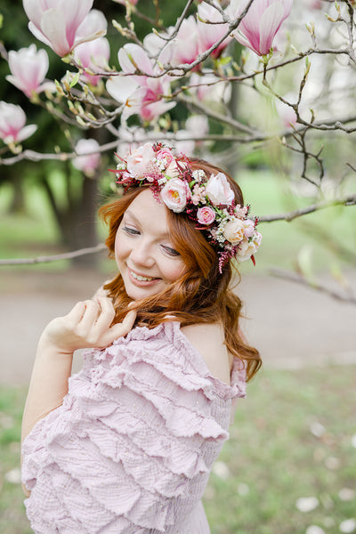 Big blush flower crown Boho wedding crown Pink bridal wreath Headpiece for bride Pink roses Peonies Magaela Flower jewellery Romantic wreath