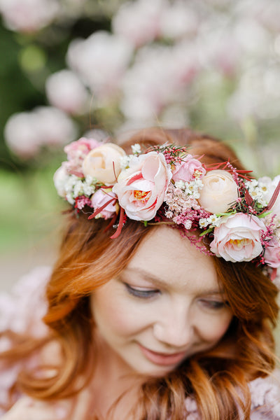 Big blush flower crown Boho wedding crown Pink bridal wreath Headpiece for bride Pink roses Peonies Magaela Flower jewellery Romantic wreath