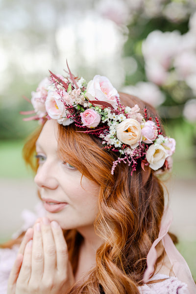 Big blush flower crown Boho wedding crown Pink bridal wreath Headpiece for bride Pink roses Peonies Magaela Flower jewellery Romantic wreath