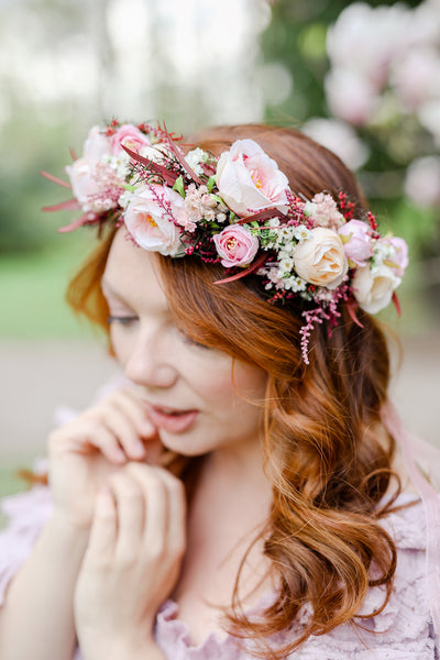 Big blush flower crown Boho wedding crown Pink bridal wreath Headpiece for bride Pink roses Peonies Magaela Flower jewellery Romantic wreath