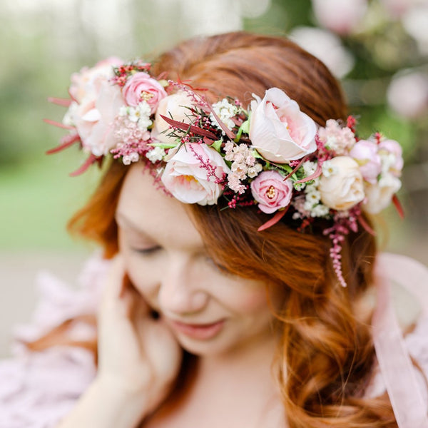 Big blush flower crown Boho wedding crown Pink bridal wreath Headpiece for bride Pink roses Peonies Magaela Flower jewellery Romantic wreath
