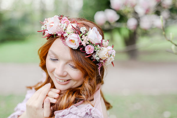 Big blush flower crown Boho wedding crown Pink bridal wreath Headpiece for bride Pink roses Peonies Magaela Flower jewellery Romantic wreath