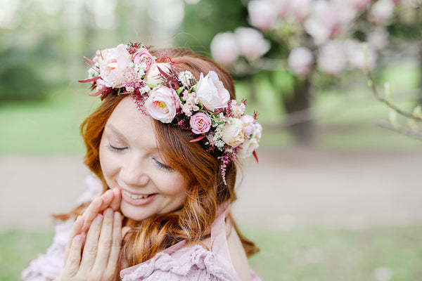 Big blush flower crown Boho wedding crown Pink bridal wreath Headpiece for bride Pink roses Peonies Magaela Flower jewellery Romantic wreath