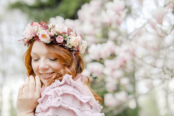 Big blush flower crown Boho wedding crown Pink bridal wreath Headpiece for bride Pink roses Peonies Magaela Flower jewellery Romantic wreath