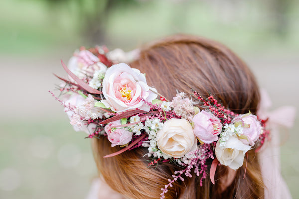 Big blush flower crown Boho wedding crown Pink bridal wreath Headpiece for bride Pink roses Peonies Magaela Flower jewellery Romantic wreath