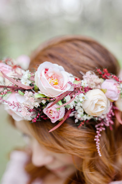 Big blush flower crown Boho wedding crown Pink bridal wreath Headpiece for bride Pink roses Peonies Magaela Flower jewellery Romantic wreath