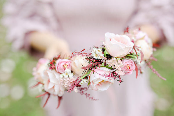 Big blush flower crown Boho wedding crown Pink bridal wreath Headpiece for bride Pink roses Peonies Magaela Flower jewellery Romantic wreath