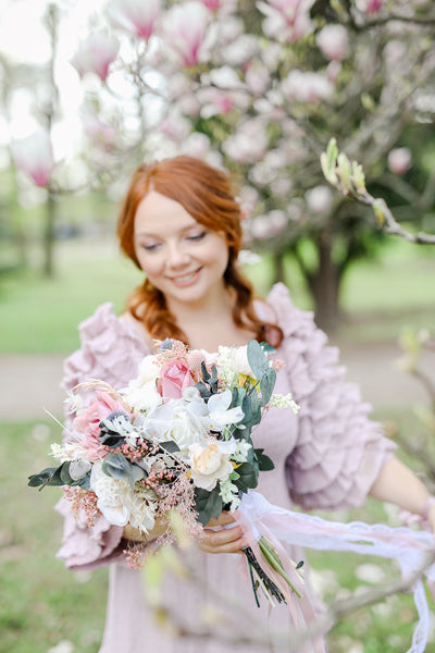 Romantic pink bridal bouquet Eucalyptus flower bouquet Magaela Wedding Natural pastel bouquet for bride Roses Thistles bridesmaid Preserved bouquet