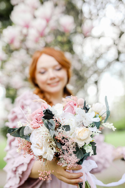 Romantic pink bridal bouquet Eucalyptus flower bouquet Magaela Wedding Natural pastel bouquet for bride Roses Thistles bridesmaid Preserved bouquet