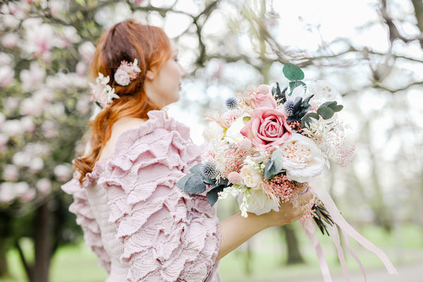 Romantic pink bridal bouquet Eucalyptus flower bouquet Magaela Wedding Natural pastel bouquet for bride Roses Thistles bridesmaid Preserved bouquet