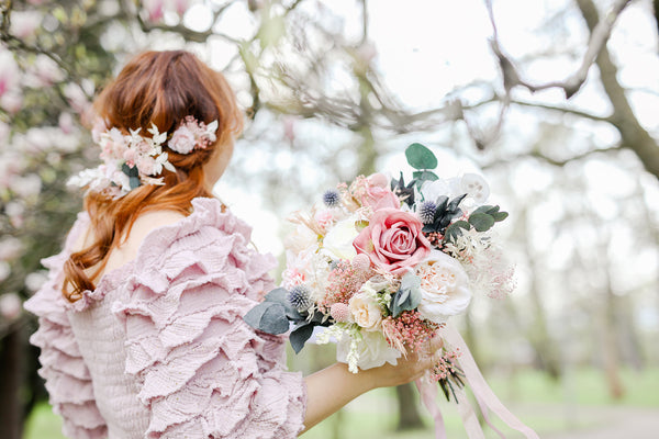 Romantic pink bridal bouquet Eucalyptus flower bouquet Magaela Wedding Natural pastel bouquet for bride Roses Thistles bridesmaid Preserved bouquet