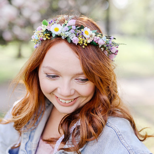 Meadow daisy flower crown Wedding hair wreath Natural spring summer flower headpiece for bride Wildflowers colourful flower crown Magaela