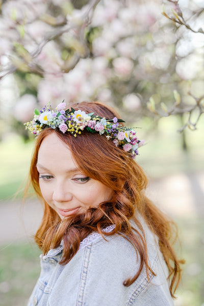 Meadow daisy flower crown Wedding hair wreath Natural spring summer flower headpiece for bride Wildflowers colourful flower crown Magaela