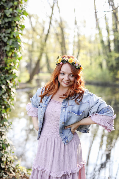 Romantic natural flower wreath Bridal crown with yellow roses Pink flowers Wedding jewellery Wedding headpiece Handmade Customisable crown