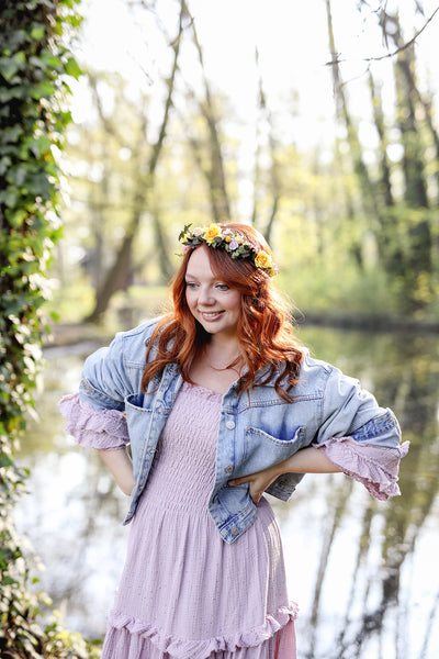 Romantic natural flower wreath Bridal crown with yellow roses Pink flowers Wedding jewellery Wedding headpiece Handmade Customisable crown