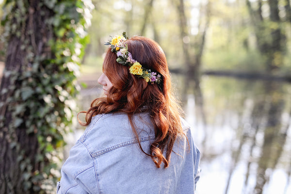 Romantic natural flower wreath Bridal crown with yellow roses Pink flowers Wedding jewellery Wedding headpiece Handmade Customisable crown
