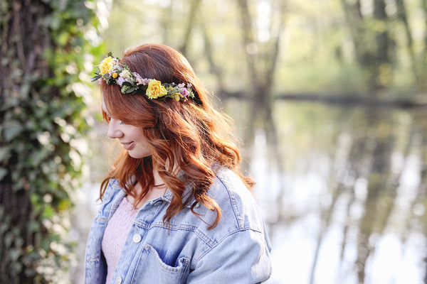 Romantic natural flower wreath Bridal crown with yellow roses Pink flowers Wedding jewellery Wedding headpiece Handmade Customisable crown