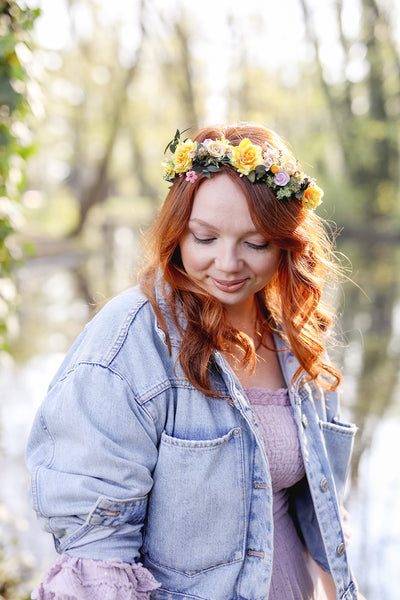 Romantic natural flower wreath Bridal crown with yellow roses Pink flowers Wedding jewellery Wedding headpiece Handmade Customisable crown