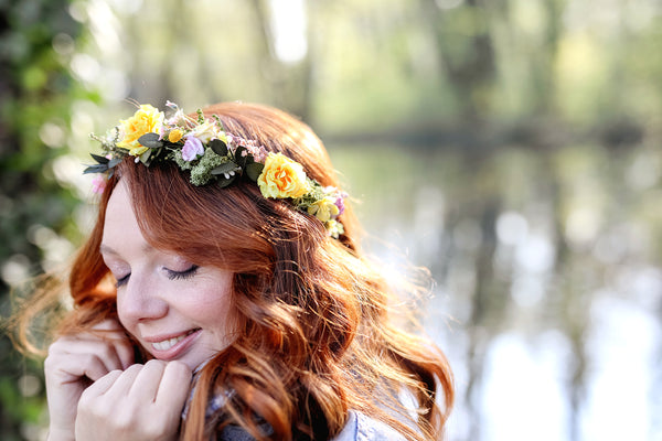 Romantic natural flower wreath Bridal crown with yellow roses Pink flowers Wedding jewellery Wedding headpiece Handmade Customisable crown