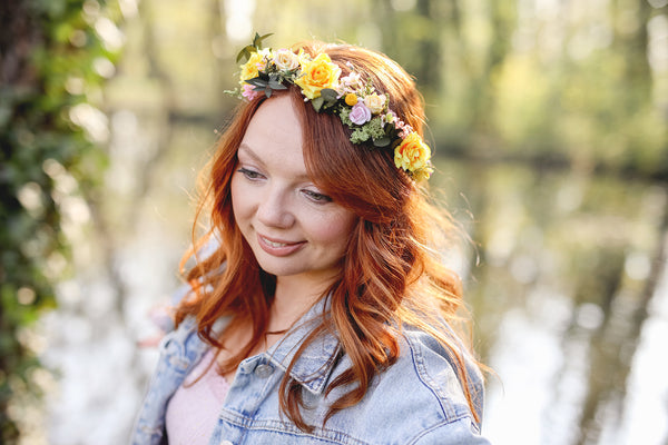 Romantic natural flower wreath Bridal crown with yellow roses Pink flowers Wedding jewellery Wedding headpiece Handmade Customisable crown