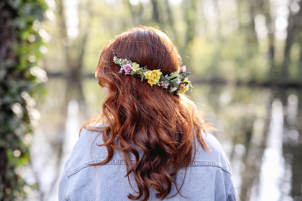 Romantic natural flower wreath Bridal crown with yellow roses Pink flowers Wedding jewellery Wedding headpiece Handmade Customisable crown