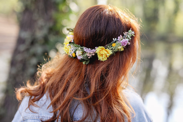 Romantic natural flower wreath Bridal crown with yellow roses Pink flowers Wedding jewellery Wedding headpiece Handmade Customisable crown