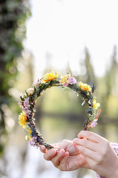 Romantic natural flower wreath Bridal crown with yellow roses Pink flowers Wedding jewellery Wedding headpiece Handmade Customisable crown
