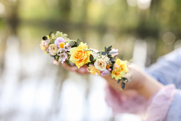 Romantic natural flower wreath Bridal crown with yellow roses Pink flowers Wedding jewellery Wedding headpiece Handmade Customisable crown