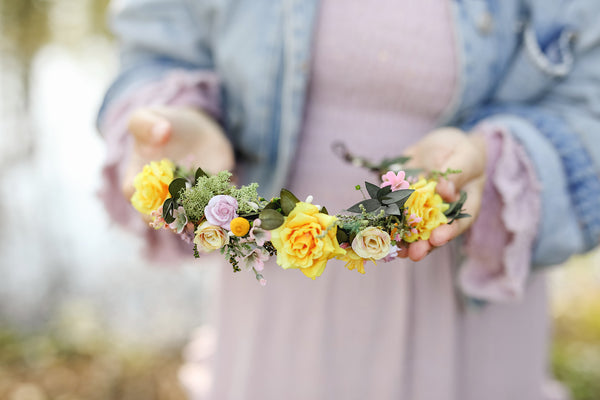 Romantic natural flower wreath Bridal crown with yellow roses Pink flowers Wedding jewellery Wedding headpiece Handmade Customisable crown
