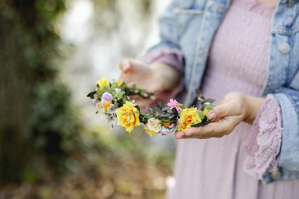 Romantic natural flower wreath Bridal crown with yellow roses Pink flowers Wedding jewellery Wedding headpiece Handmade Customisable crown