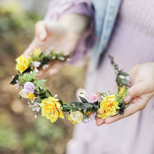 Romantic natural flower wreath Bridal crown with yellow roses Pink flowers Wedding jewellery Wedding headpiece Handmade Customisable crown