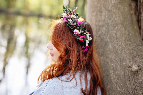 Magenta flower half wreath Bridal hair crown Pink and green flower wreath Wedding accessories Custom Headpiece Natural Hair flowers Magaela