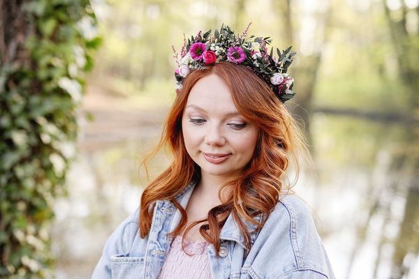 Magenta flower half wreath Bridal hair crown Pink and green flower wreath Wedding accessories Custom Headpiece Natural Hair flowers Magaela