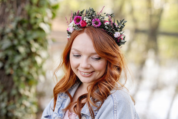 Magenta flower half wreath Bridal hair crown Pink and green flower wreath Wedding accessories Custom Headpiece Natural Hair flowers Magaela