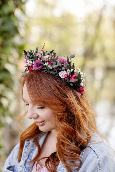 Magenta flower half wreath Bridal hair crown Pink and green flower wreath Wedding accessories Custom Headpiece Natural Hair flowers Magaela